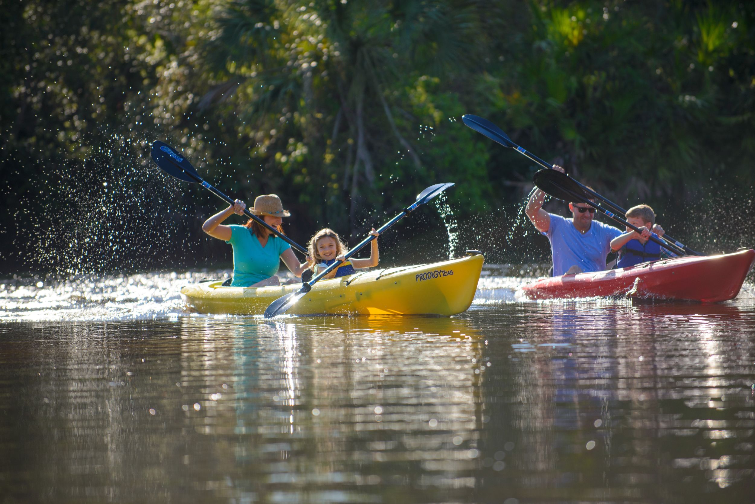 Two parents and their children kayak on river in Myakka River State Park.